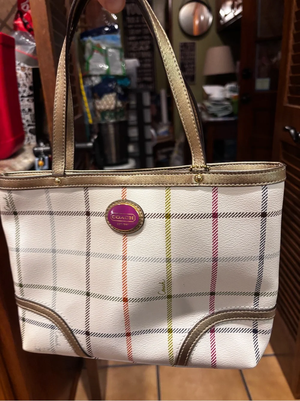 Vintage Y2K Coach White Plaid Tote with Purple Logo and Gold Trim